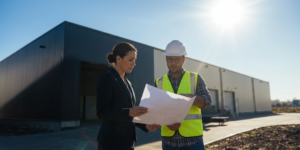 Business owner and solar installer discussing plans